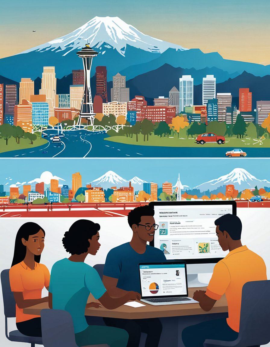 A modern, user-friendly digital interface showcasing the steps involved in obtaining a driver's license in Washington State, featuring a diverse group of individuals engaging with the application process on laptops and mobile devices. Incorporate iconic Washington State landmarks, like the Space Needle and Mount Rainier, in the background. Use vibrant colors and clear illustrations to emphasize each step. Include visual elements like checkboxes and progress bars for an educational touch. vector art. vibrant colors.