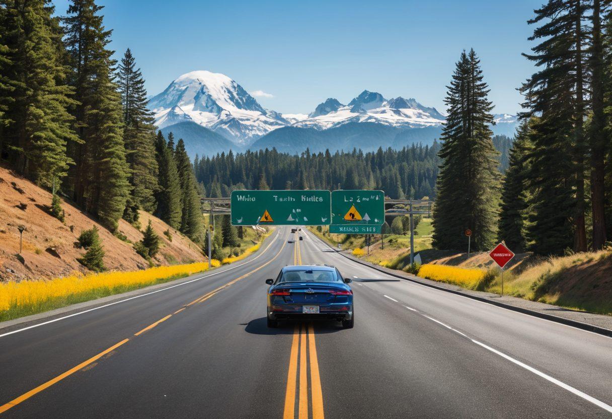 An open road stretching into the horizon under a clear blue sky, featuring a cheerful learner driver in a modern car, practicing driving with a driving instructor beside them. Alongside the road, colorful road signs illustrating various traffic rules and laws specific to Washington State. In the background, a scenic view of iconic Washington landscapes, such as mountains and evergreen trees. super-realistic. vibrant colors. white background.